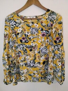 Rose & Olive Blouse Womens Small Mustard Yellow Green Purple Floral Cottagecore